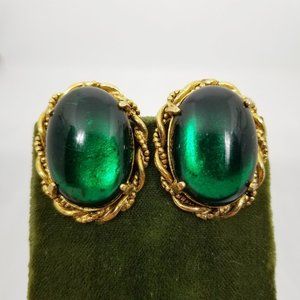 Vintage Green Oval Acrylic Cabochon Goldtone Clip On Earrings | Bridal Jewelry